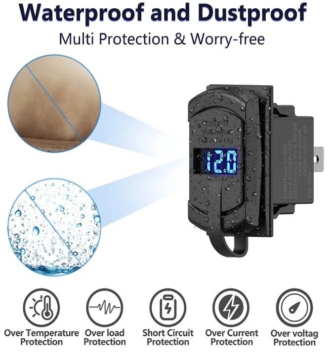 12v 24v Usb Charger Rocker Switch การชาร์จเร็ว ซ็อตตู้กันน้ํารวดเร็ว Dual Pd Qc3.0 สําหรับรถ เรือ