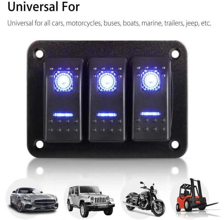 DC 12V 24V สีฟ้า LED Backlit 3 Gang อลูมิเนียม 5 Pin ON Off Toggle Rocker Switch แพเนล