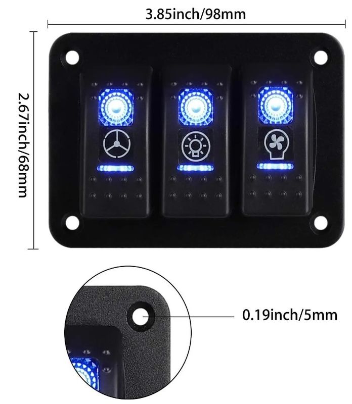 DC 12V 24V สีฟ้า LED Backlit 3 Gang อลูมิเนียม 5 Pin ON Off Toggle Rocker Switch แพเนล