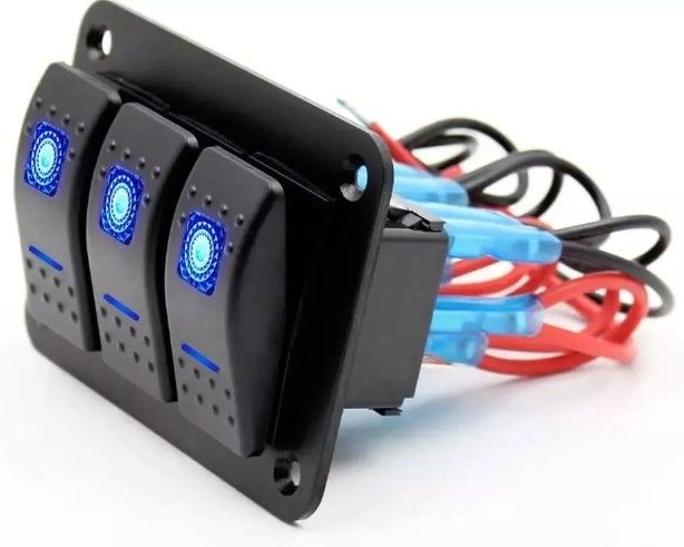 DC 12V 24V สีฟ้า LED Backlit 3 Gang อลูมิเนียม 5 Pin ON Off Toggle Rocker Switch แพเนล