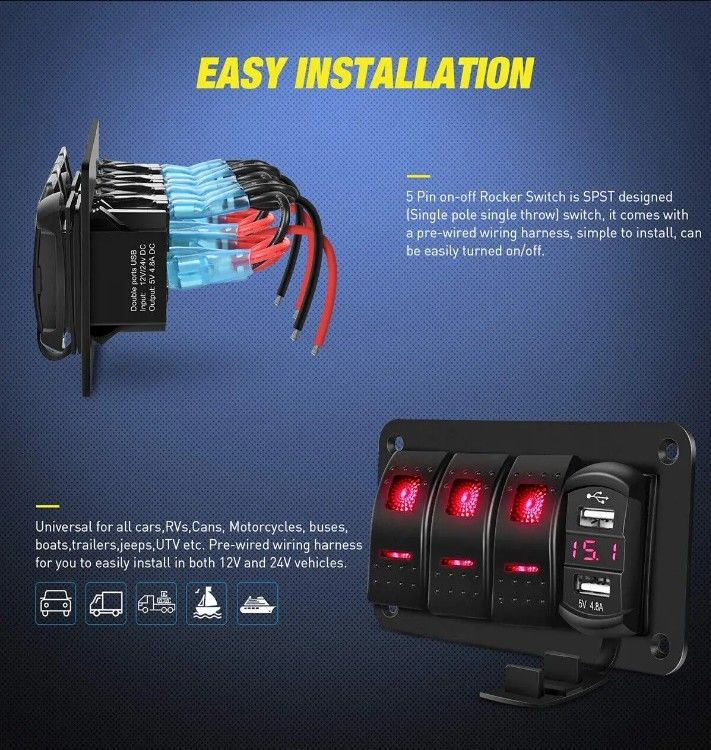 DC12V 24V 3 กองแดง LED Light Rocker ปานล์ปานล์กล่องการปรับเปลี่ยนด้วยเครื่องชาร์จ USB 4.8A สองตัว วอลท์เมตรสําหรับรถยนต์ ทหารเรือ รถบรรทุก เรือ