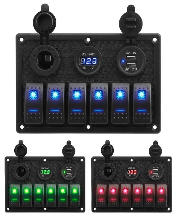 ปรับน้ําเรือเรือ Rocker ปรับปานีล 6 กอง ด้วยสายพาน USB สอง 3.1A วอลท์เมตร สีฟ้า LED Light