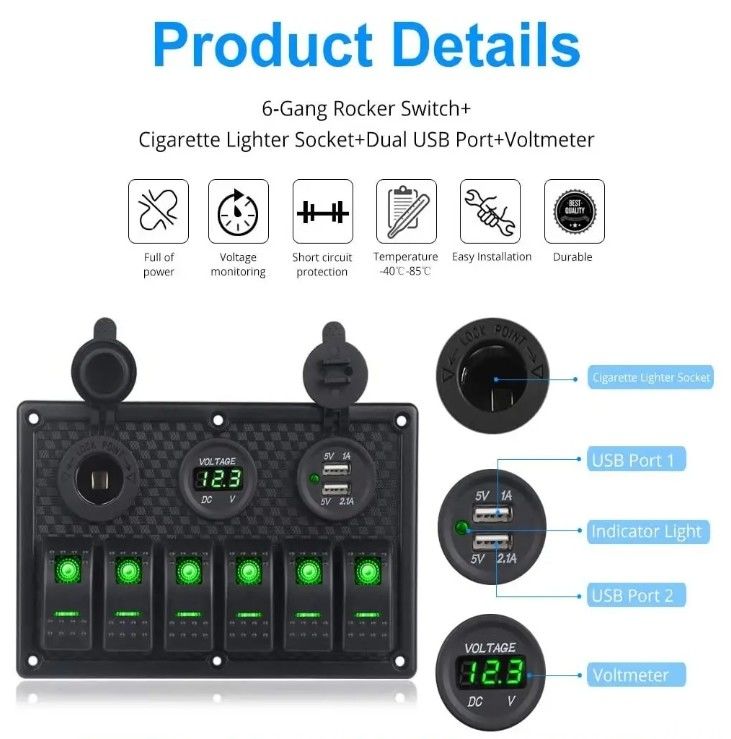 ปรับน้ําเรือเรือ Rocker ปรับปานีล 6 กอง ด้วยสายพาน USB สอง 3.1A วอลท์เมตร สีฟ้า LED Light