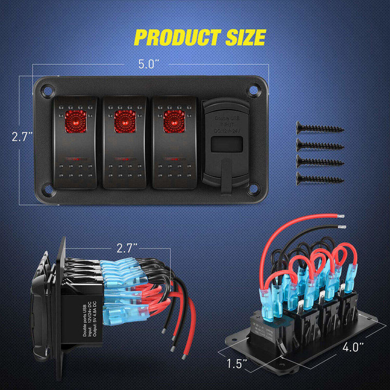 DC12V 24V 3 กองแดง LED Light Rocker ติดปานล์กล่องด้วยชาร์จ USB 4.8A